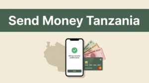 Smartphone showing a money transfer confirmation beside a Tanzania map, cash, and payment card.