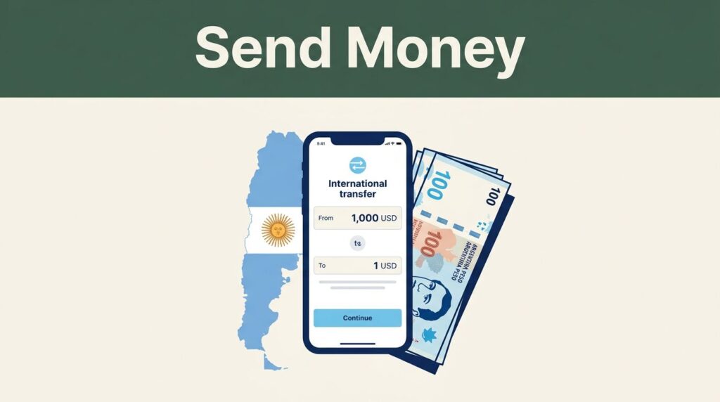 A smartphone, Argentine peso notes, and an Argentina map graphic on a cream background.