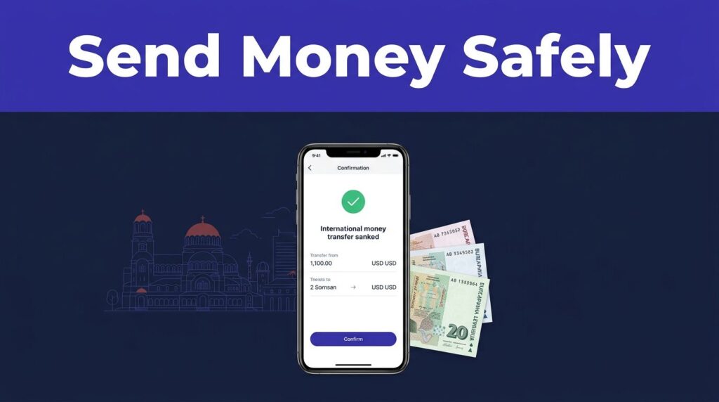 A smartphone showing a transfer confirmation beside Bulgarian banknotes and a Sofia skyline.