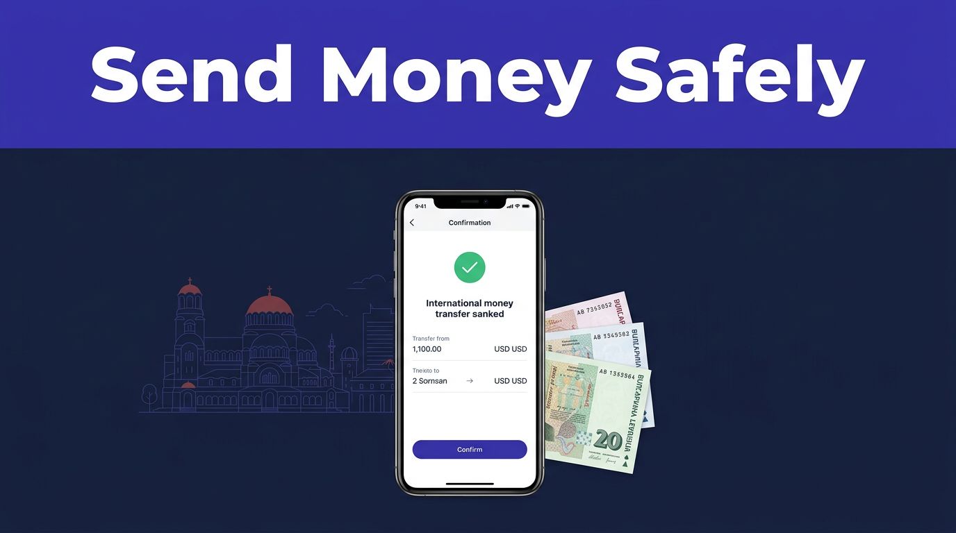 A smartphone showing a transfer confirmation beside Bulgarian banknotes and a Sofia skyline.
