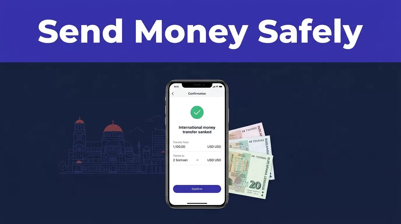 A smartphone showing a transfer confirmation beside Bulgarian banknotes and a Sofia skyline.