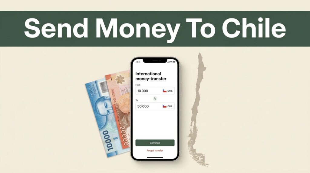 Smartphone, Chilean banknotes, and a Chile map appear beneath a green money-transfer headline.