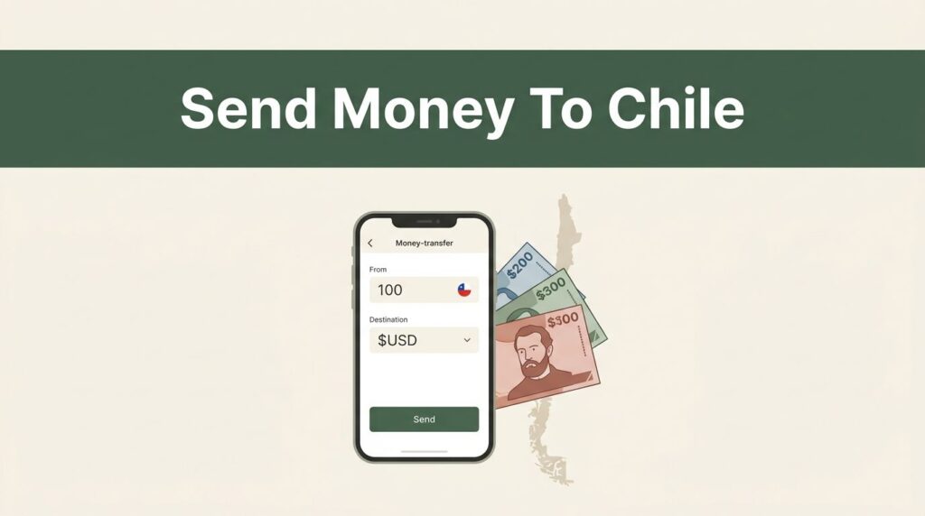 A smartphone, Chilean pesos, and a Chile map appear beneath a dark-green headline band.