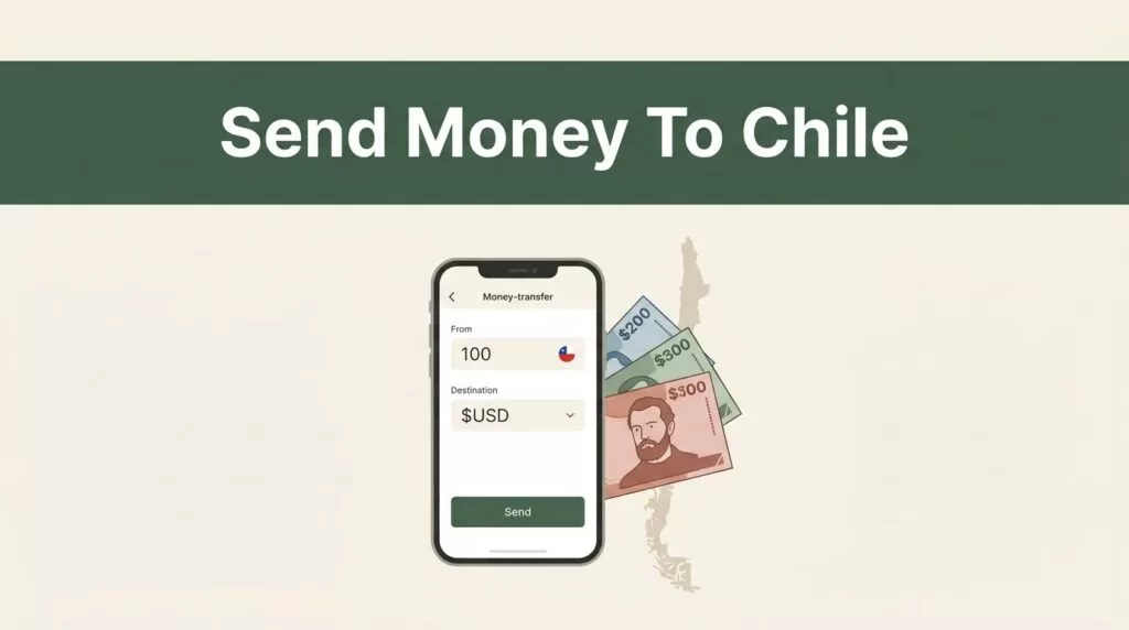 A smartphone, Chilean pesos, and a Chile map appear beneath a dark-green headline band.