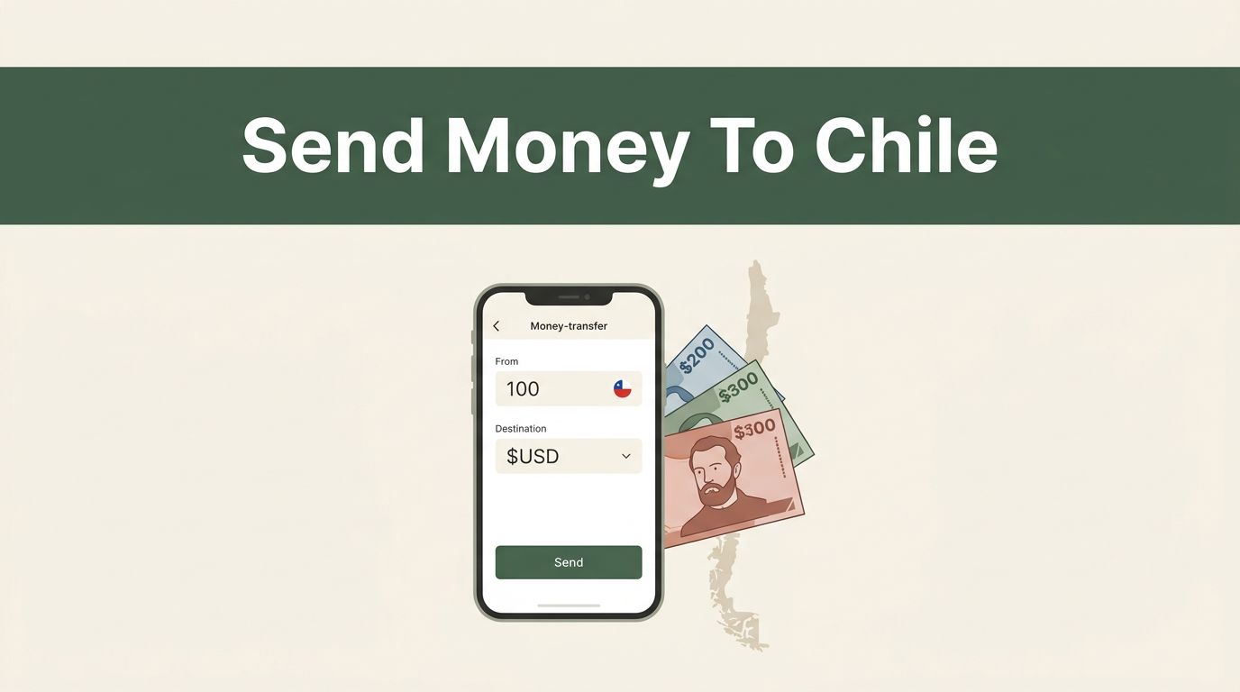 A smartphone, Chilean pesos, and a Chile map appear beneath a dark-green headline band.
