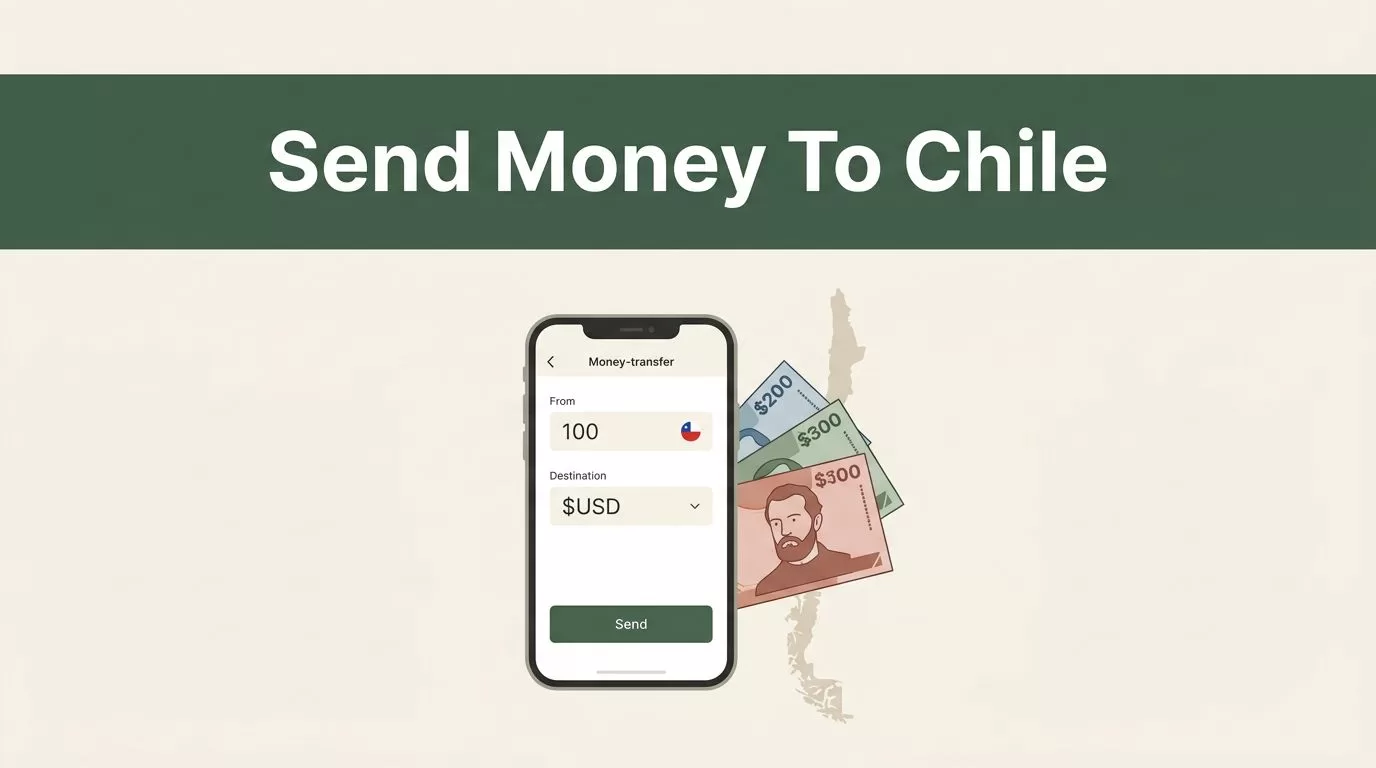 A smartphone, Chilean pesos, and a Chile map appear beneath a dark-green headline band.