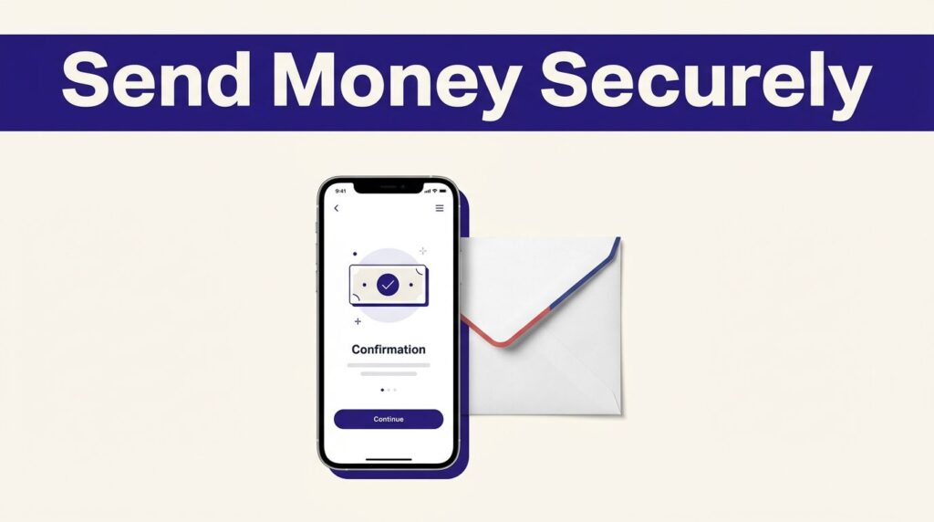 A smartphone and French envelope beneath a banner reading “Send Money Securely.”