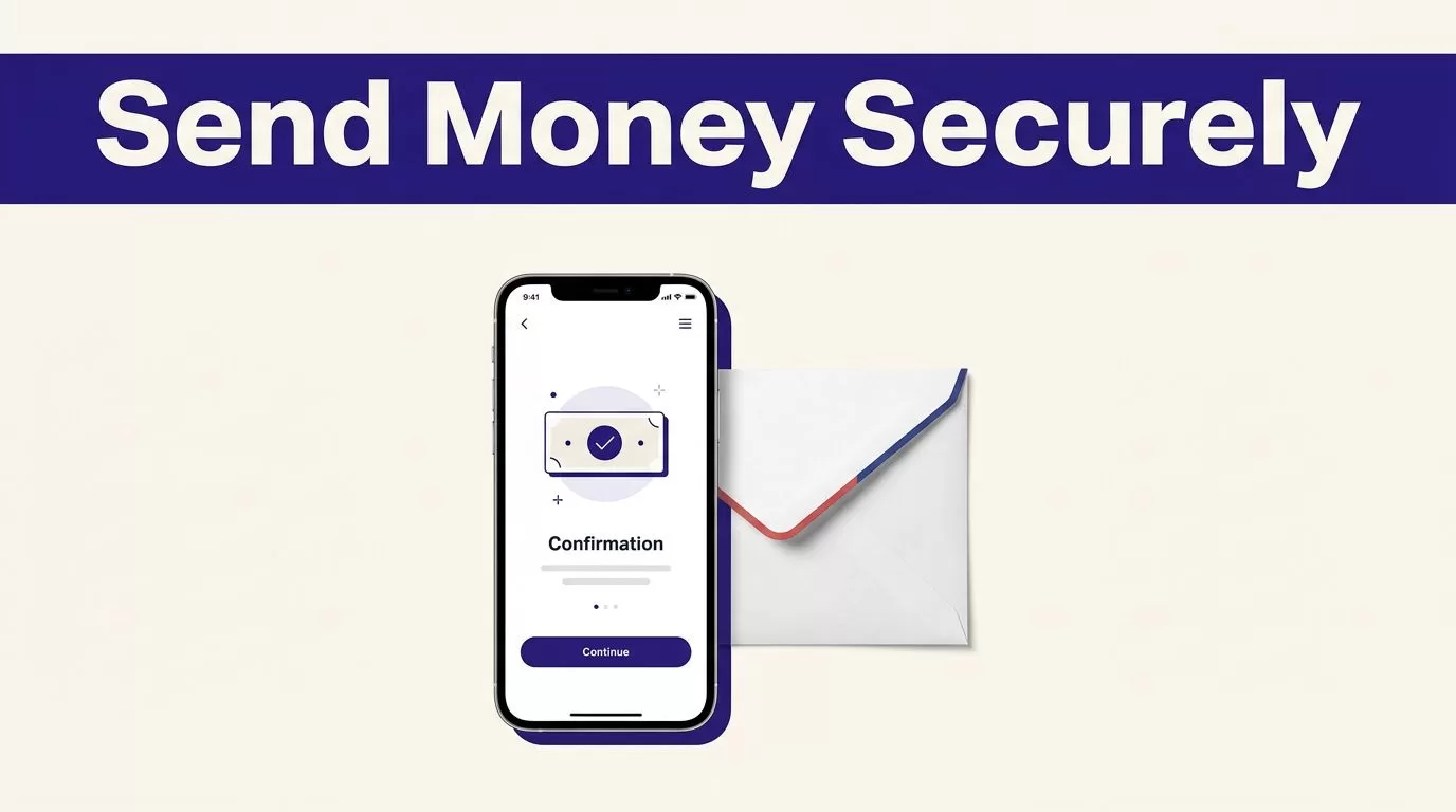 A smartphone and French envelope beneath a banner reading “Send Money Securely.”