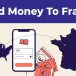 A smartphone, French map, euro notes, and route line illustrate sending money from the United States to France.
