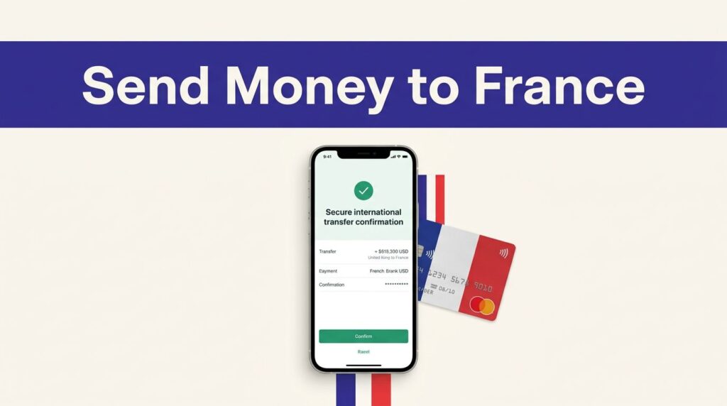 A smartphone confirms a money transfer beside a French bank card.