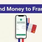A smartphone confirms a money transfer beside a French bank card.