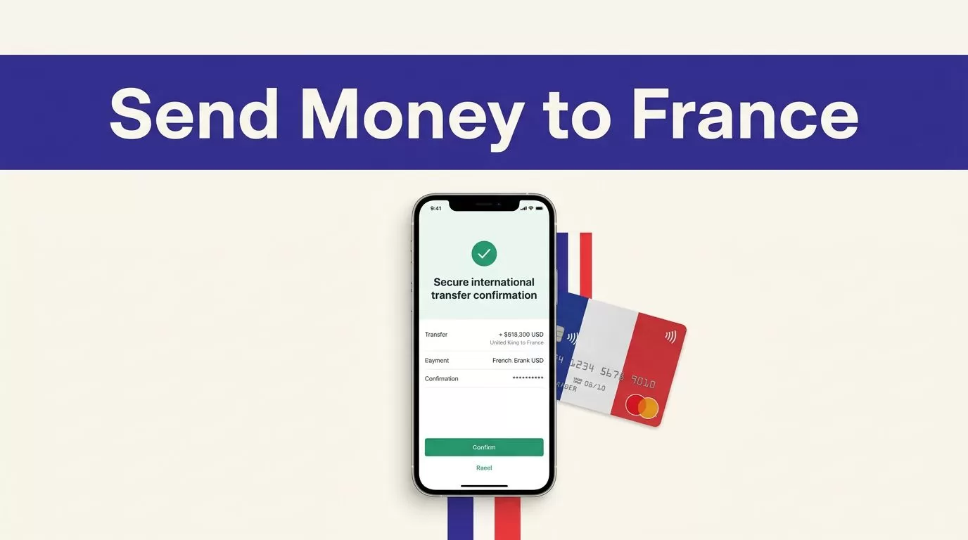A smartphone confirms a money transfer beside a French bank card.
