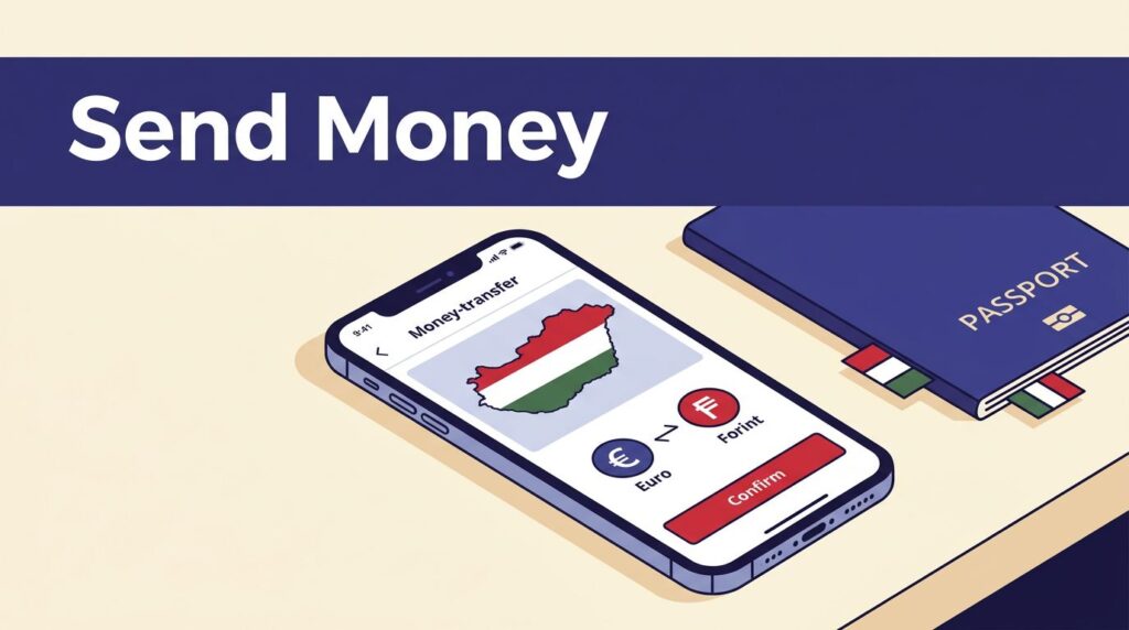 A smartphone displays a Hungary money transfer beside a passport and Hungarian flag accents.