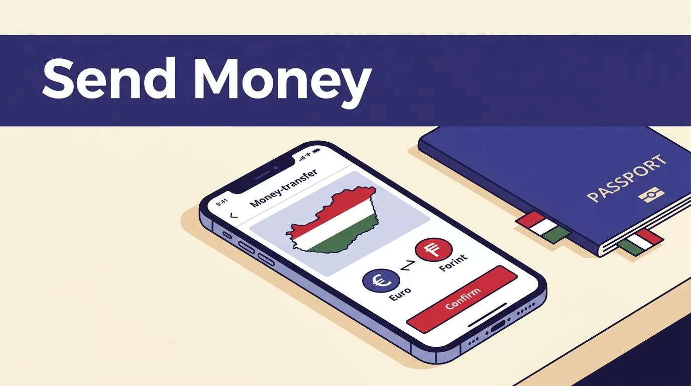 A smartphone displays a Hungary money transfer beside a passport and Hungarian flag accents.