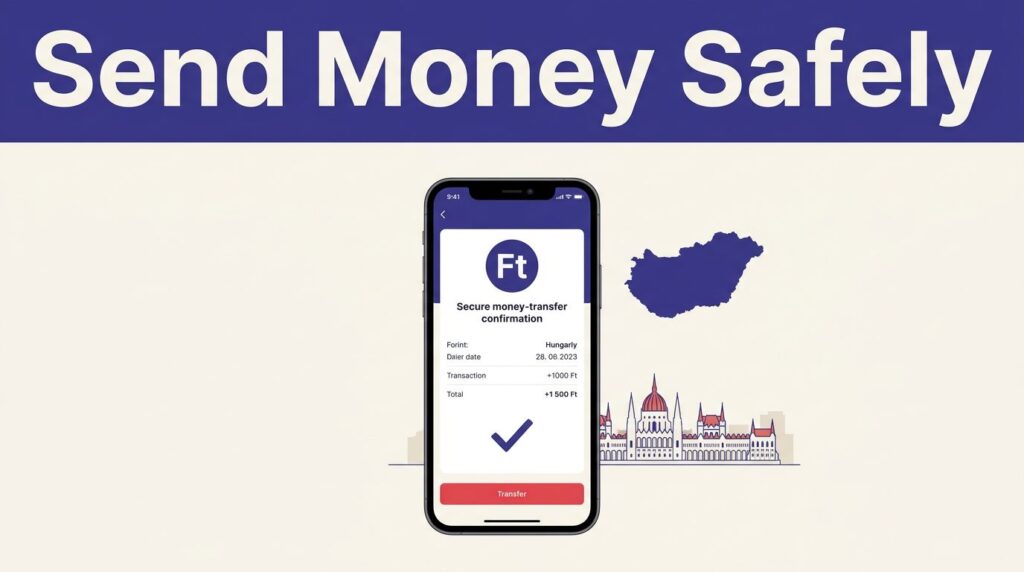 Smartphone showing a secure money transfer beside a Hungary map and Budapest skyline.