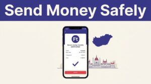 Smartphone showing a secure money transfer beside a Hungary map and Budapest skyline.