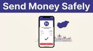 Smartphone showing a secure money transfer beside a Hungary map and Budapest skyline.