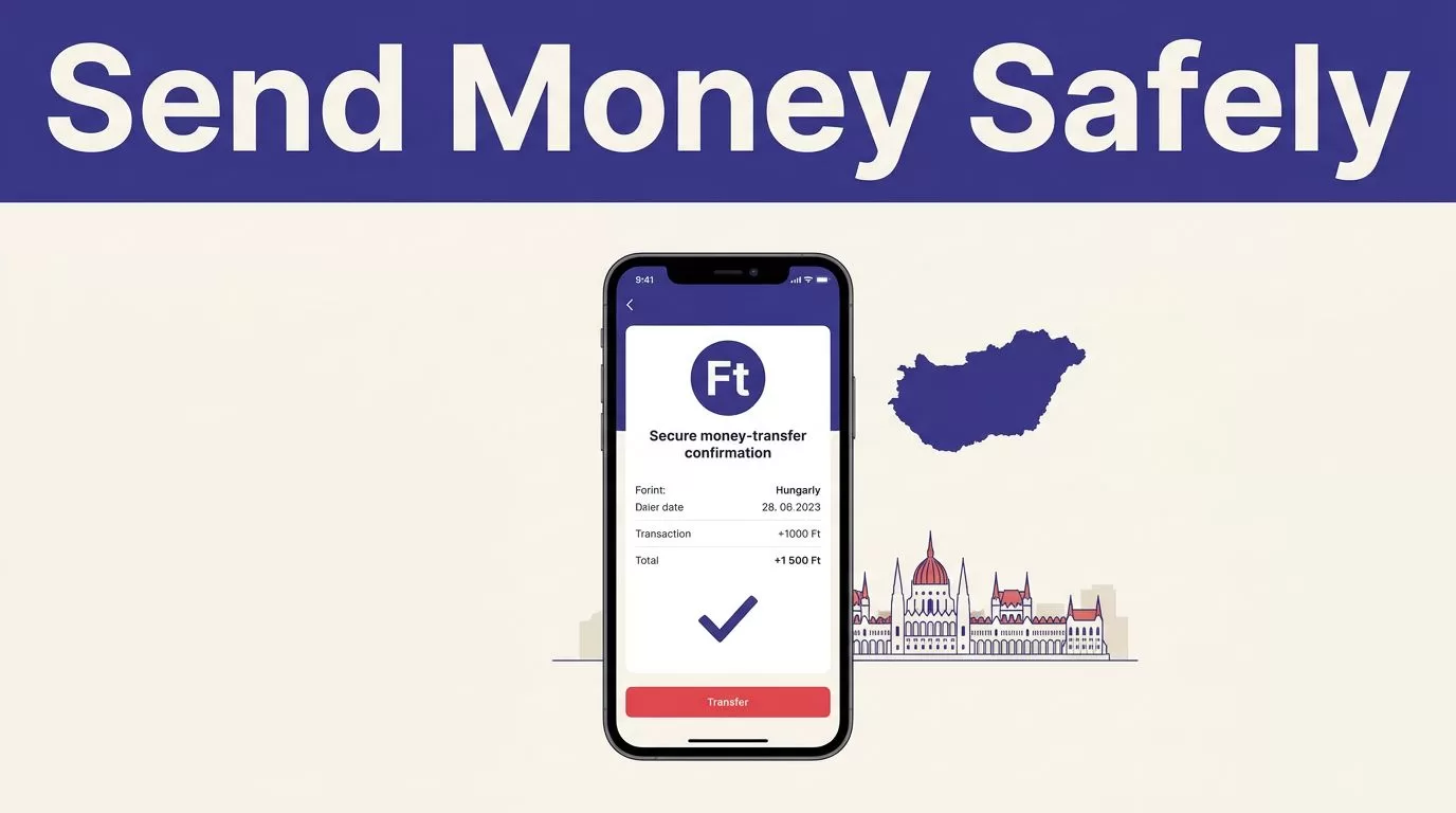 Smartphone showing a secure money transfer beside a Hungary map and Budapest skyline.
