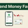 A smartphone displays a money transfer beside an Indonesia map and bank card.