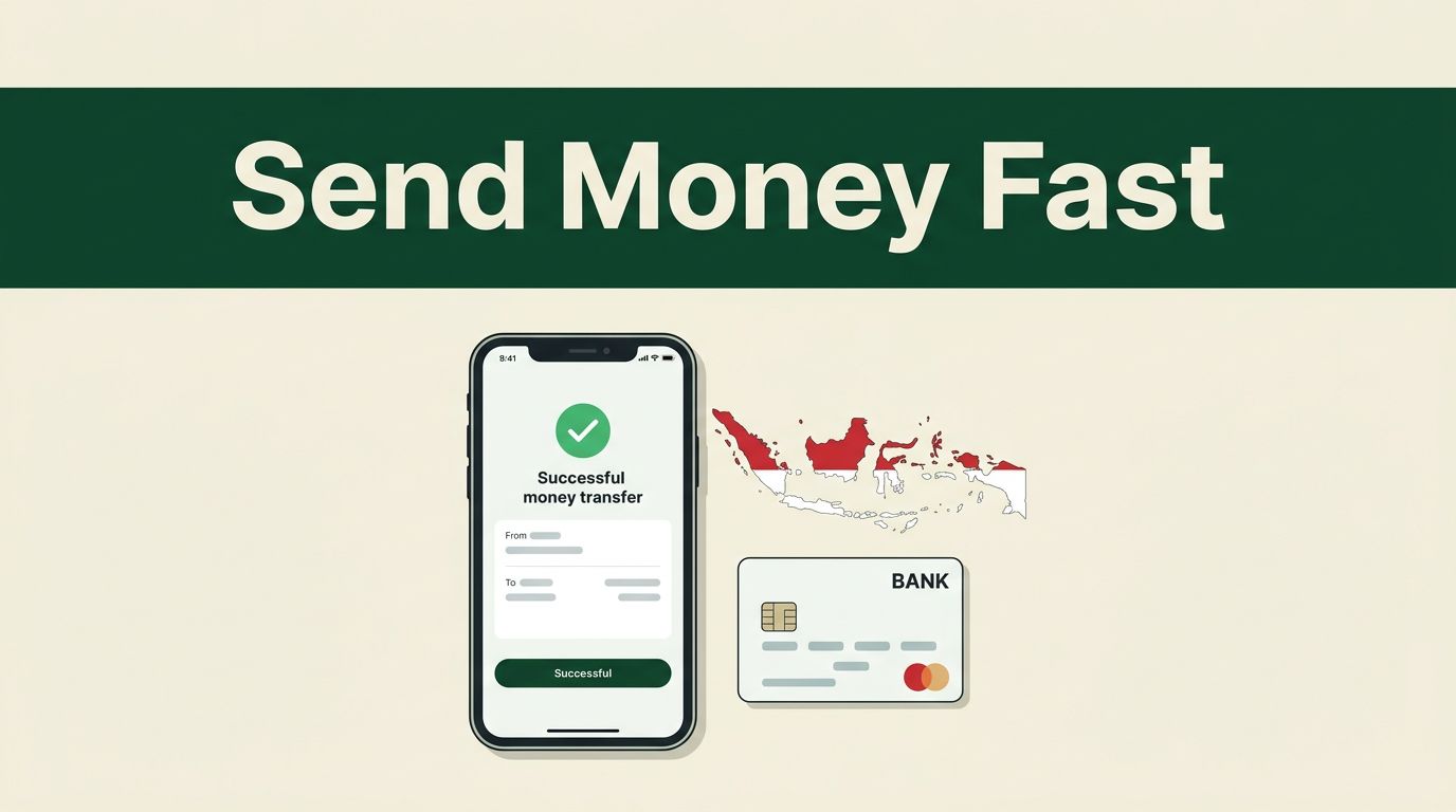 A smartphone displays a money transfer beside an Indonesia map and bank card.