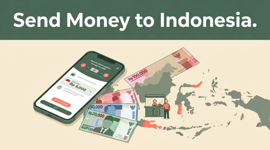A smartphone and Indonesian rupiah notes illustrate an international money transfer.