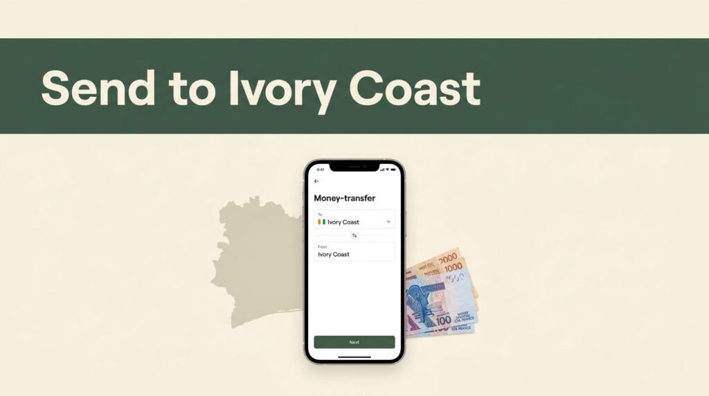 Smartphone showing a money transfer interface beside an Ivory Coast map and CFA franc notes.