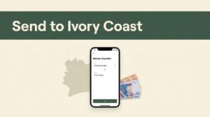 Smartphone showing a money transfer interface beside an Ivory Coast map and CFA franc notes.