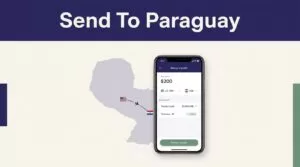 A smartphone with a money transfer screen beside a Paraguay map and route line.