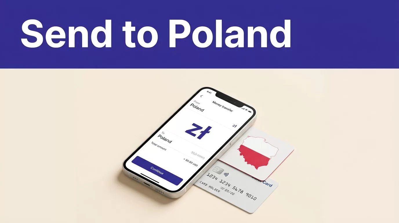 Smartphone showing a money transfer beside a Poland map card and bank card.