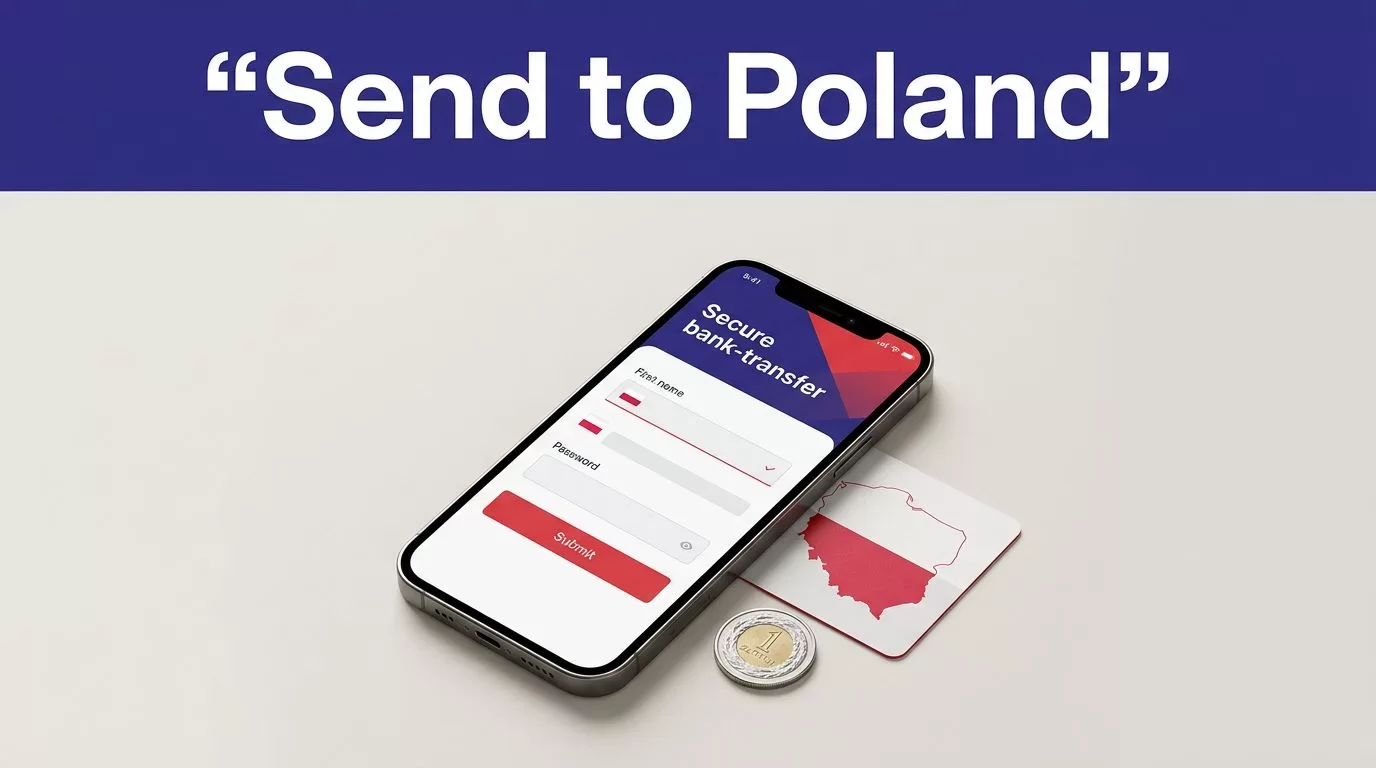 A smartphone showing a Poland money transfer beside a złoty coin and map card.