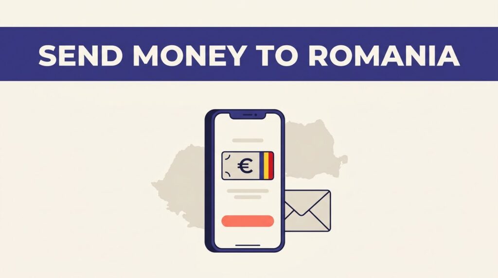Smartphone showing a euro transfer beside a Romania map and envelope.