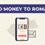 Smartphone showing a euro transfer beside a Romania map and envelope.