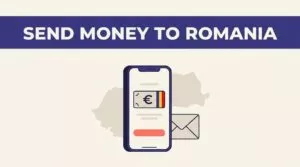 Smartphone showing a euro transfer beside a Romania map and envelope.
