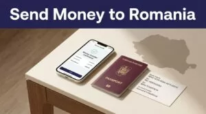 Smartphone showing a transfer confirmation beside a Romanian passport and bank details.