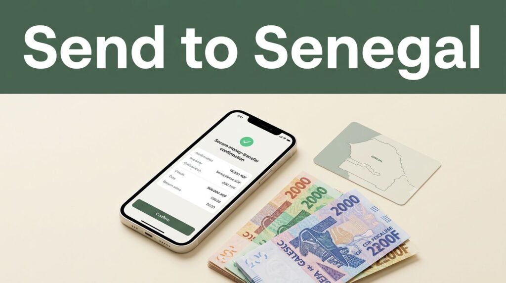 Phone showing a transfer confirmation beside Senegalese currency and a Senegal map card.