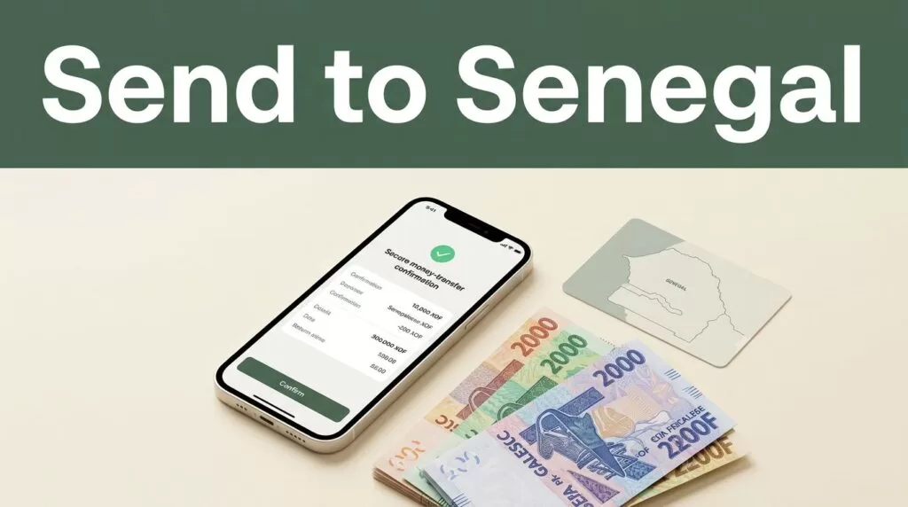 Phone showing a transfer confirmation beside Senegalese currency and a Senegal map card.