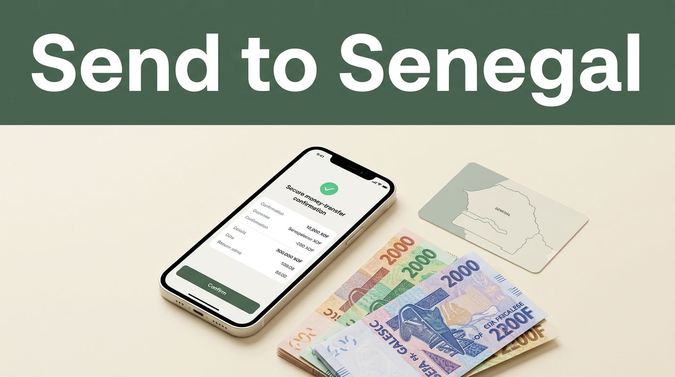 Phone showing a transfer confirmation beside Senegalese currency and a Senegal map card.