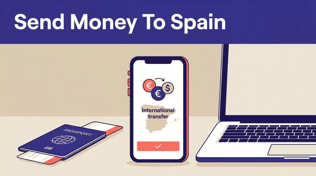 Phone showing a money transfer beside a laptop and passport under a Spain banner.