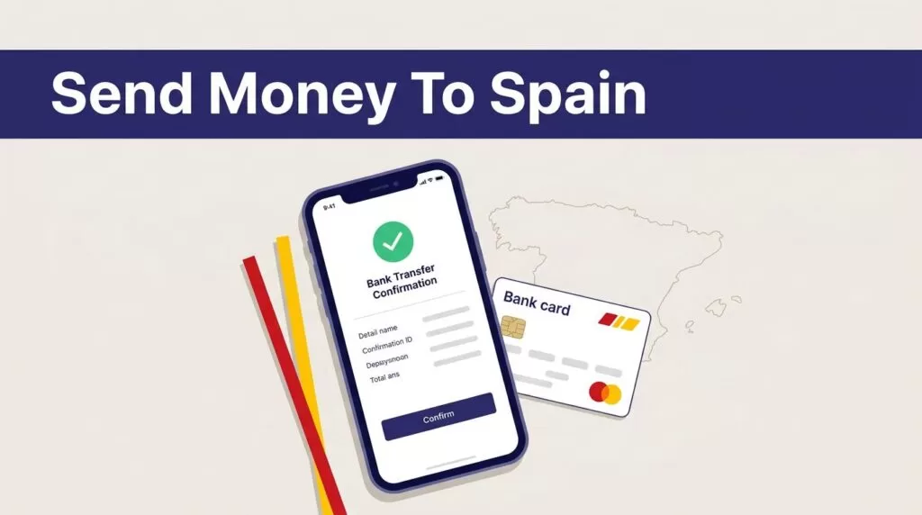 Phone showing a bank transfer beside a Spanish bank card and Spain map.