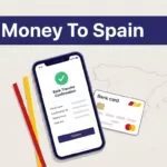 Phone showing a bank transfer beside a Spanish bank card and Spain map.