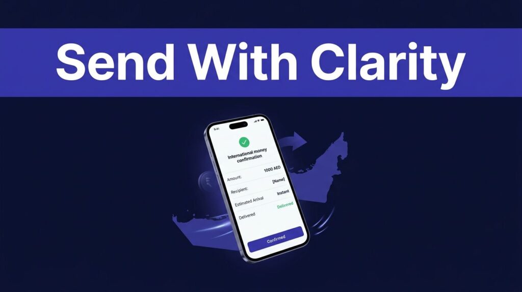 A phone displays a money transfer confirmation beside a UAE map on a dark blue background.
