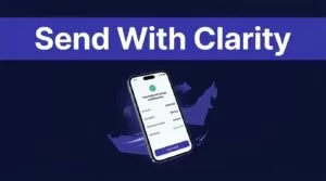 A phone displays a money transfer confirmation beside a UAE map on a dark blue background.