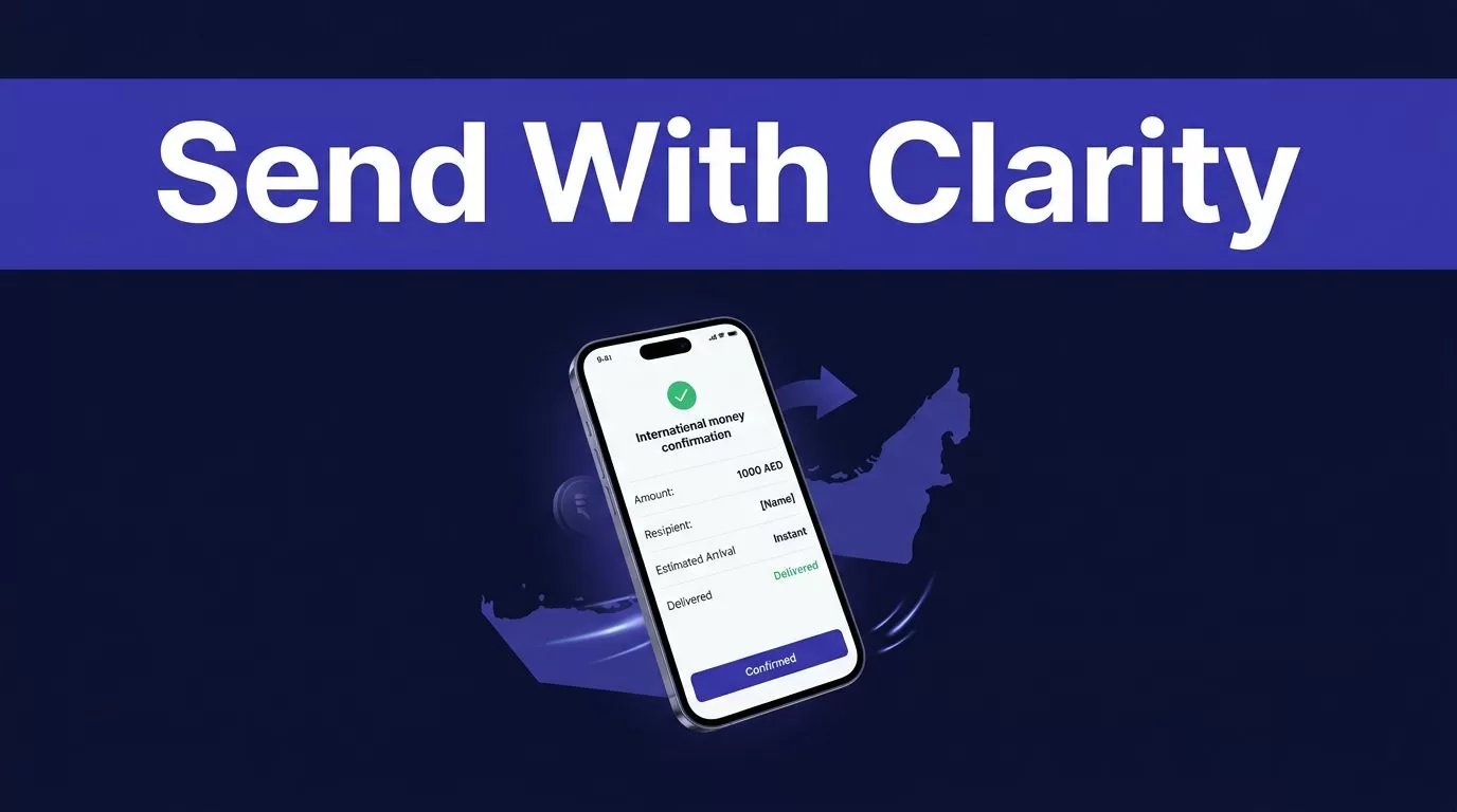 A phone displays a money transfer confirmation beside a UAE map on a dark blue background.