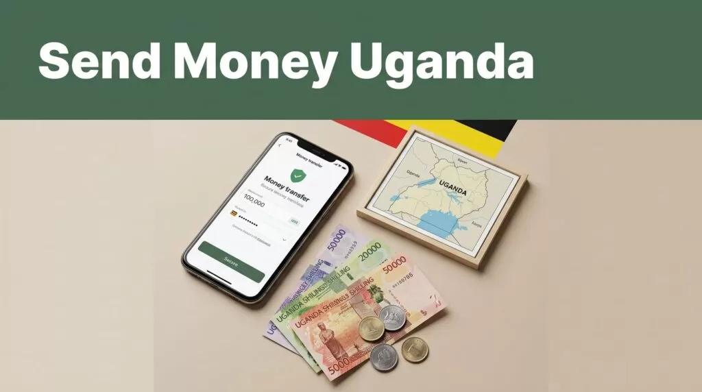 A smartphone and Ugandan shilling notes beside a framed Uganda map card.