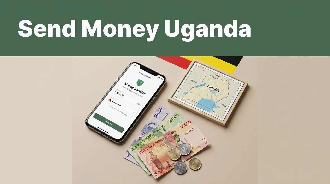 A smartphone and Ugandan shilling notes beside a framed Uganda map card.