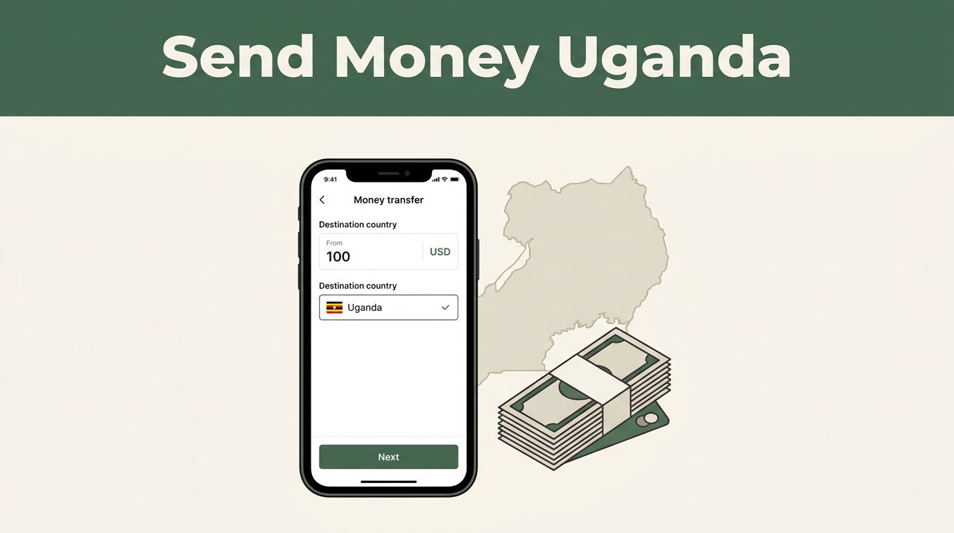 A phone displays a Uganda money transfer screen beside cash, a bank card, and a map.