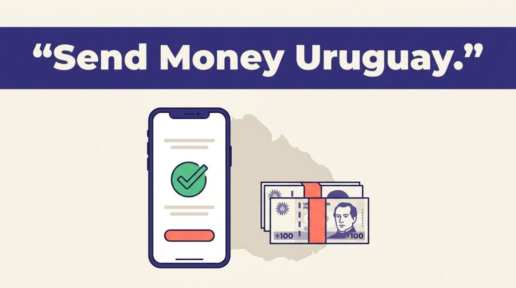 Smartphone, Uruguay map, and pesos beneath a banner reading Send Money Uruguay.