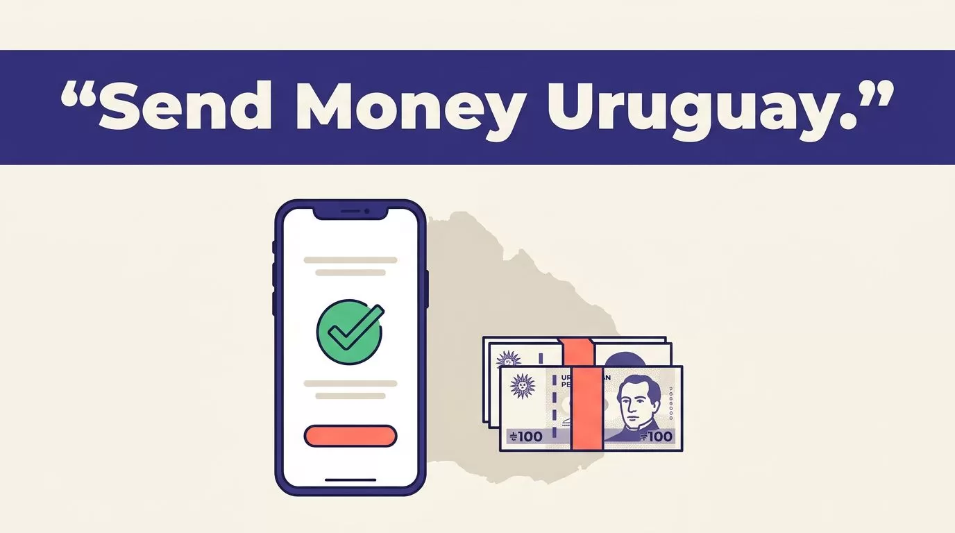 Smartphone, Uruguay map, and pesos beneath a banner reading Send Money Uruguay.