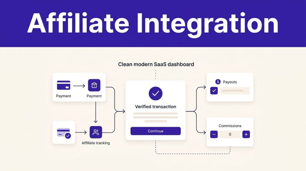 SaaS dashboard linking payments, affiliates, payouts, and commissions.