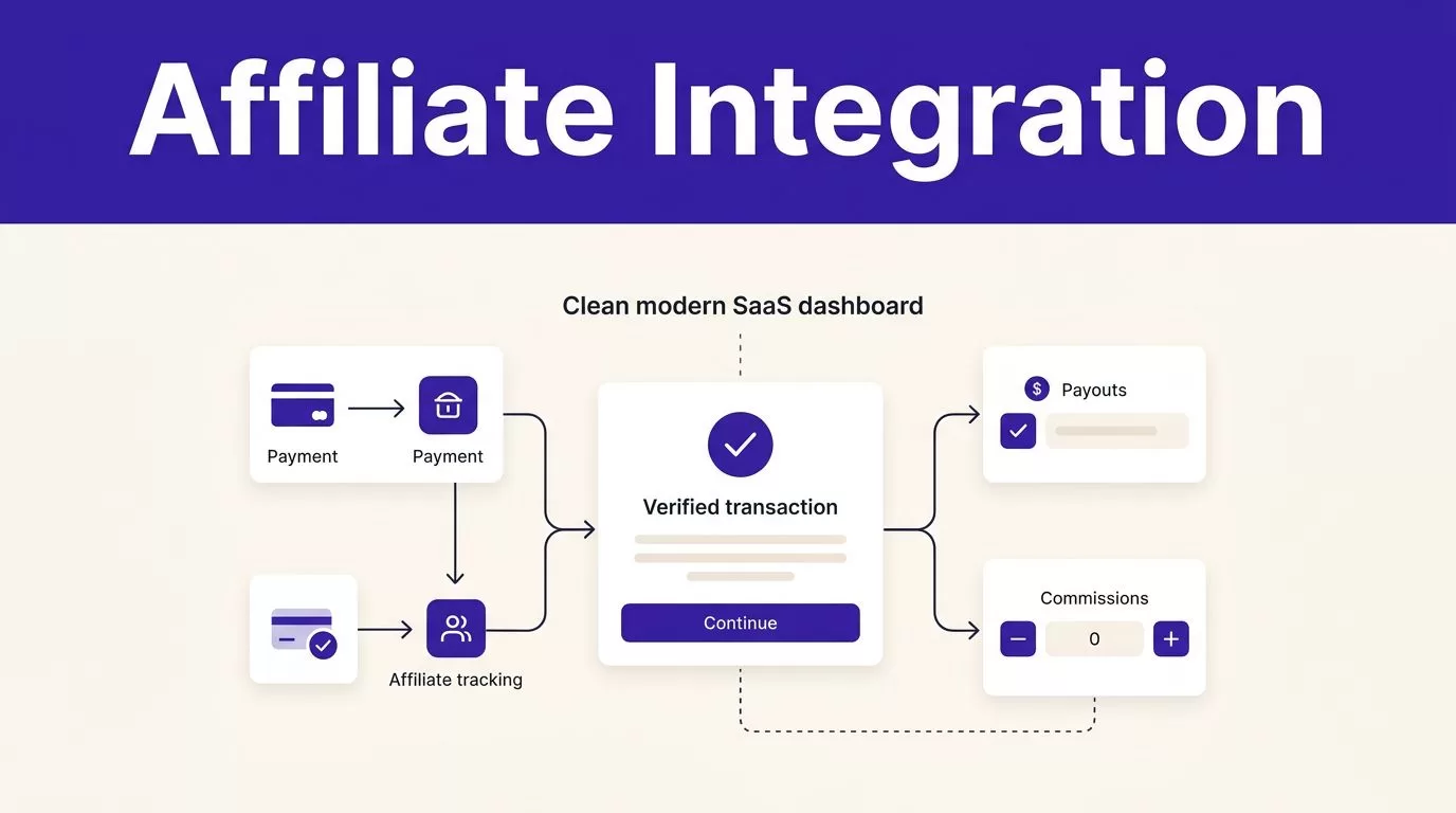 SaaS dashboard linking payments, affiliates, payouts, and commissions.